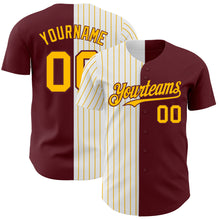Load image into Gallery viewer, Custom Burgundy White-Gold Pinstripe Authentic Split Fashion Baseball Jersey
