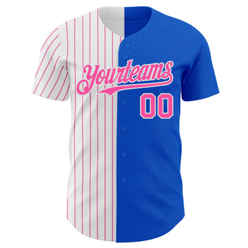 Custom Thunder Blue White-Pink Pinstripe Authentic Split Fashion Baseball Jersey