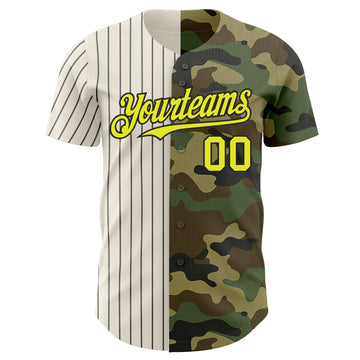 Custom Camo Neon Yellow Cream-Black Pinstripe Authentic Split Fashion Salute To Service Baseball Jersey