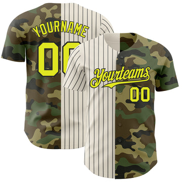 Custom Camo Neon Yellow Cream-Black Pinstripe Authentic Split Fashion Salute To Service Baseball Jersey