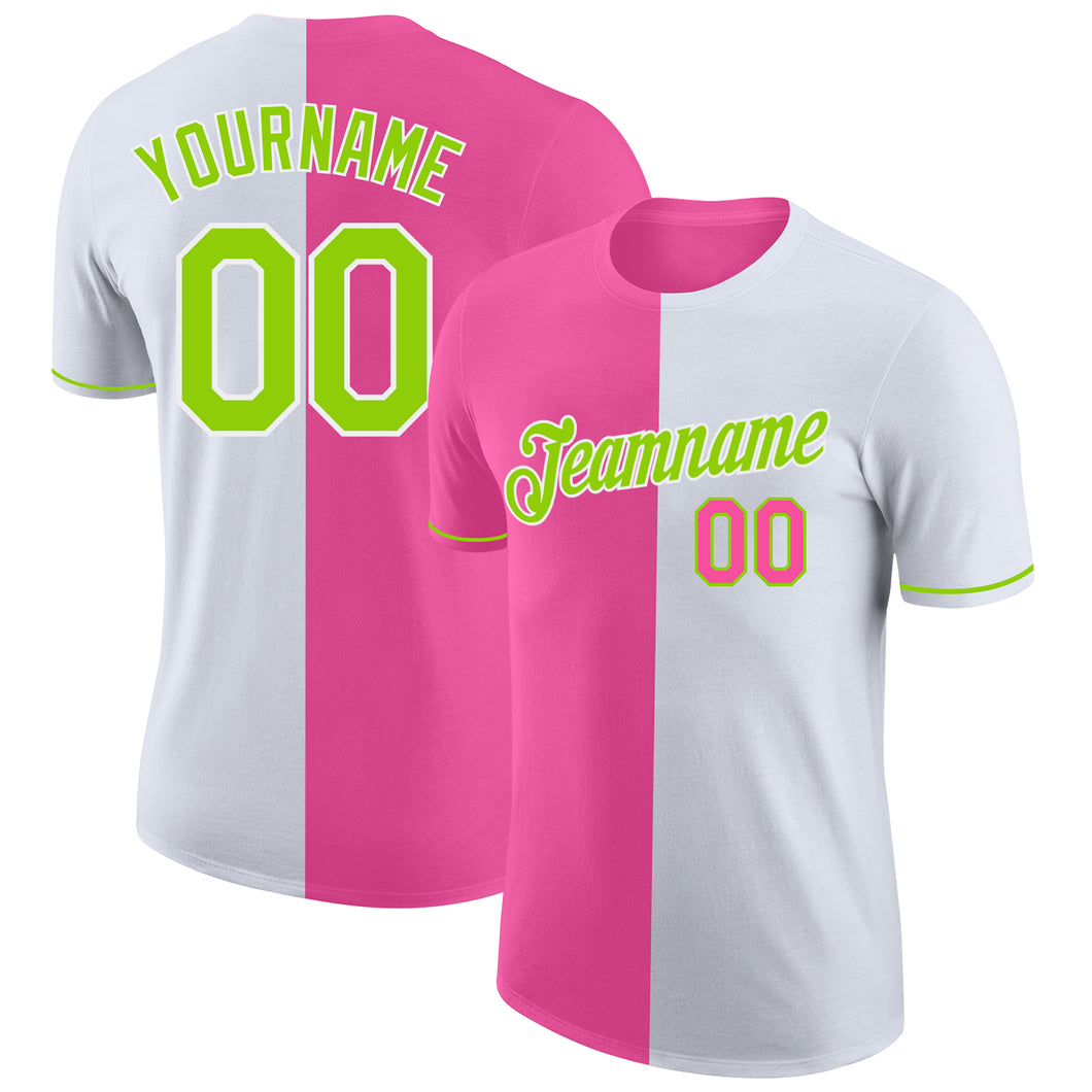 Custom White Neon Green-Pink Split Fashion Performance T-Shirt