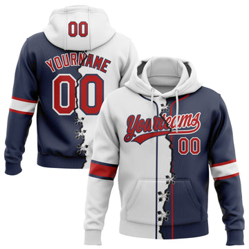 Custom Navy Red-White Split Ripped Pattern Baseball Pullover Sweatshirt Hoodie