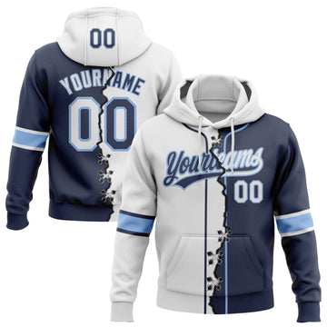 Custom Navy White-Light Blue Split Ripped Pattern Baseball Pullover Sweatshirt Hoodie