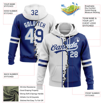 Custom Royal White-Light Blue Split Ripped Pattern Baseball Pullover Sweatshirt Hoodie