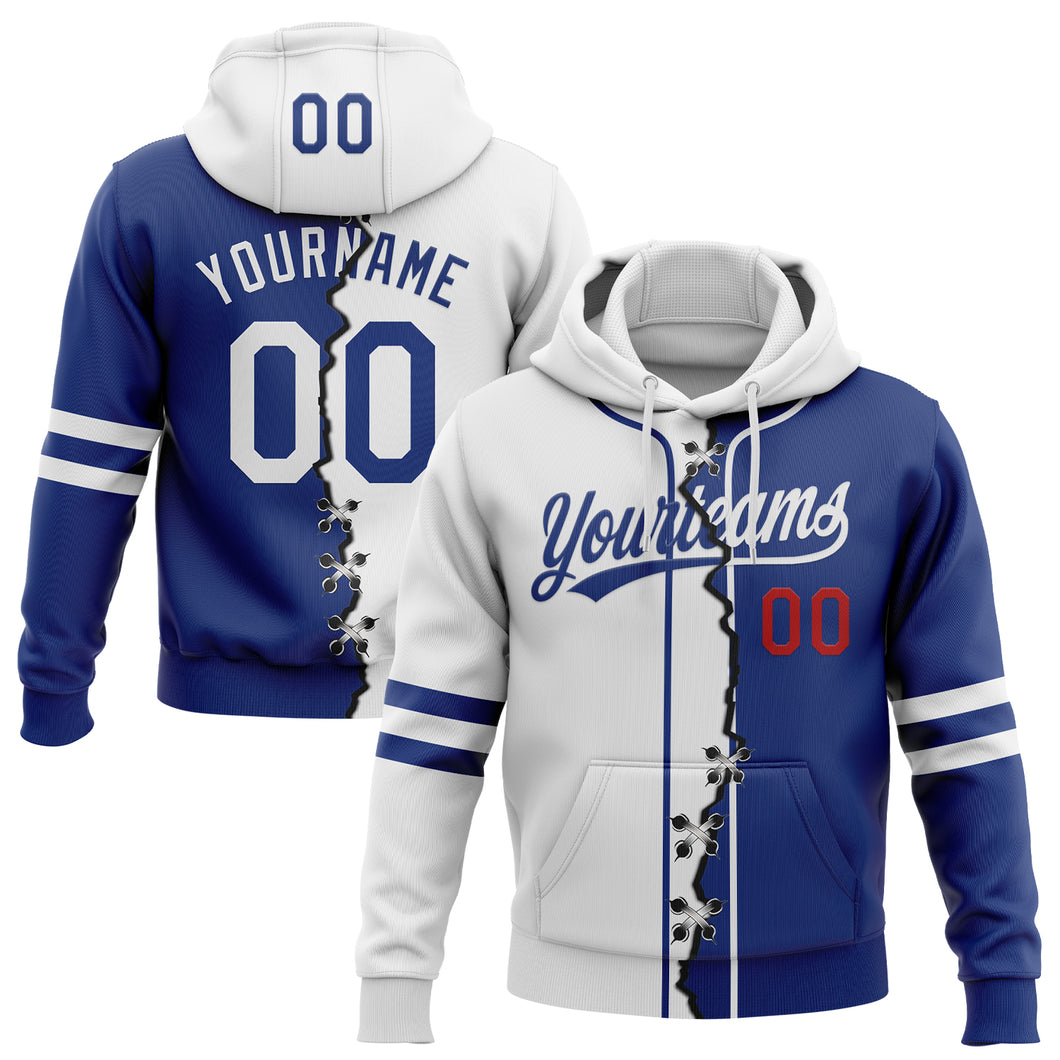 Custom Royal White-Red Split Ripped Pattern Baseball Pullover Sweatshirt Hoodie