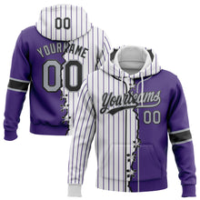Load image into Gallery viewer, Custom Purple Gray Black-White Pinstripe Split Ripped Pattern Baseball Pullover Sweatshirt Hoodie
