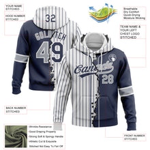 Load image into Gallery viewer, Custom Navy Gray-White Pinstripe Split Ripped Pattern Baseball Pullover Sweatshirt Hoodie
