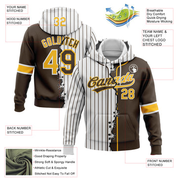 Custom Brown Gold-White Pinstripe Split Ripped Pattern Baseball Pullover Sweatshirt Hoodie