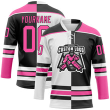 Laden Sie das Bild in den Galerie-Viewer, Custom Black Pink-White Split Fashion Hockey Lace Neck Jersey
