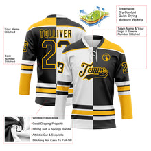 Laden Sie das Bild in den Galerie-Viewer, Custom Black Gold-White Split Fashion Hockey Lace Neck Jersey
