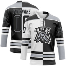 Laden Sie das Bild in den Galerie-Viewer, Custom Black Gray-White Split Fashion Hockey Lace Neck Jersey
