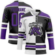 Laden Sie das Bild in den Galerie-Viewer, Custom Black Purple-White Split Fashion Hockey Lace Neck Jersey

