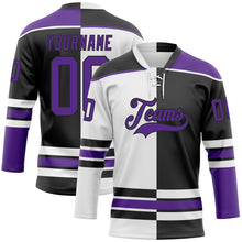 Laden Sie das Bild in den Galerie-Viewer, Custom Black Purple-White Split Fashion Hockey Lace Neck Jersey
