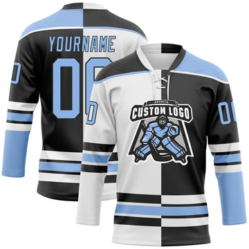 Custom Black Light Blue-White Split Fashion Hockey Lace Neck Jersey