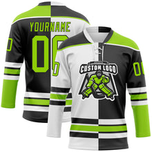 Laden Sie das Bild in den Galerie-Viewer, Custom Black Neon Green-White Split Fashion Hockey Lace Neck Jersey
