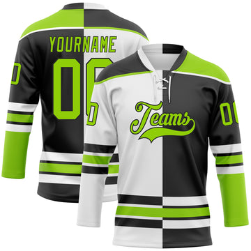Custom Black Neon Green-White Split Fashion Hockey Lace Neck Jersey