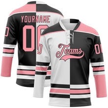 Laden Sie das Bild in den Galerie-Viewer, Custom Black Medium Pink-White Split Fashion Hockey Lace Neck Jersey
