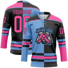 Load image into Gallery viewer, Custom Black Pink-Light Blue Split Fashion Hockey Lace Neck Jersey
