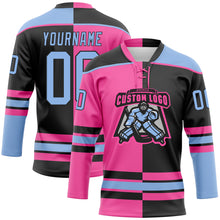Load image into Gallery viewer, Custom Black Light Blue-Pink Split Fashion Hockey Lace Neck Jersey
