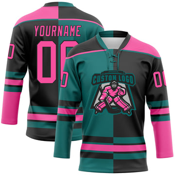 Custom Black Pink-Teal Split Fashion Hockey Lace Neck Jersey