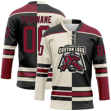 Load image into Gallery viewer, Custom Black Crimson-Cream Split Fashion Hockey Lace Neck Jersey
