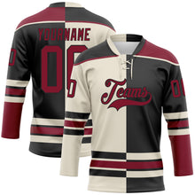 Load image into Gallery viewer, Custom Black Crimson-Cream Split Fashion Hockey Lace Neck Jersey
