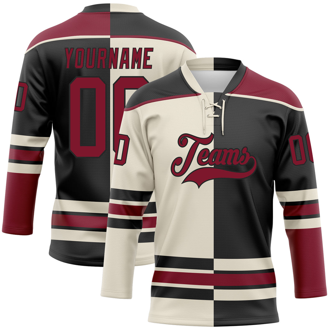 Custom Black Crimson-Cream Split Fashion Hockey Lace Neck Jersey