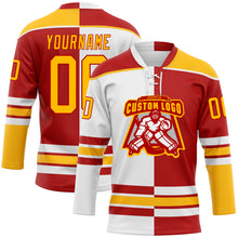 Load image into Gallery viewer, Custom Red Gold-White Split Fashion Hockey Lace Neck Jersey
