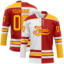 Load image into Gallery viewer, Custom Red Gold-White Split Fashion Hockey Lace Neck Jersey
