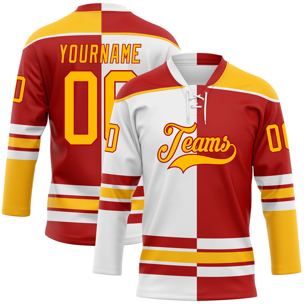 Custom Red Gold-White Split Fashion Hockey Lace Neck Jersey