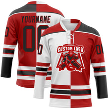 Load image into Gallery viewer, Custom Red Black-White Split Fashion Hockey Lace Neck Jersey
