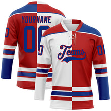 Load image into Gallery viewer, Custom Red Royal-White Split Fashion Hockey Lace Neck Jersey
