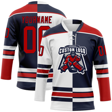 Custom Navy Red-White Split Fashion Hockey Lace Neck Jersey