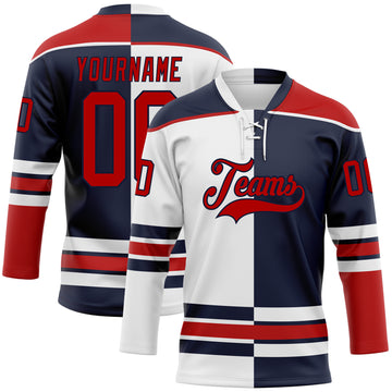 Custom Navy Red-White Split Fashion Hockey Lace Neck Jersey