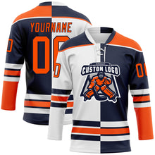 Load image into Gallery viewer, Custom Navy Orange-White Split Fashion Hockey Lace Neck Jersey
