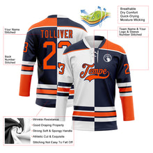 Load image into Gallery viewer, Custom Navy Orange-White Split Fashion Hockey Lace Neck Jersey
