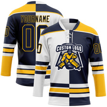 Load image into Gallery viewer, Custom Navy Gold-White Split Fashion Hockey Lace Neck Jersey
