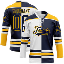 Load image into Gallery viewer, Custom Navy Gold-White Split Fashion Hockey Lace Neck Jersey
