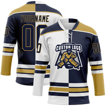 Load image into Gallery viewer, Custom Navy Old Gold-White Split Fashion Hockey Lace Neck Jersey
