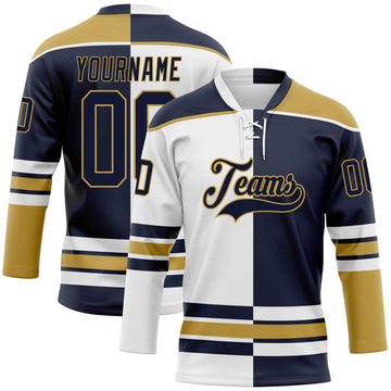 Custom Navy Old Gold-White Split Fashion Hockey Lace Neck Jersey
