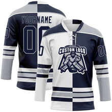 Load image into Gallery viewer, Custom Navy Gray-White Split Fashion Hockey Lace Neck Jersey
