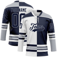 Load image into Gallery viewer, Custom Navy Gray-White Split Fashion Hockey Lace Neck Jersey

