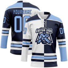 Load image into Gallery viewer, Custom Navy Light Blue-White Split Fashion Hockey Lace Neck Jersey
