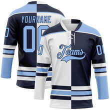 Load image into Gallery viewer, Custom Navy Light Blue-White Split Fashion Hockey Lace Neck Jersey
