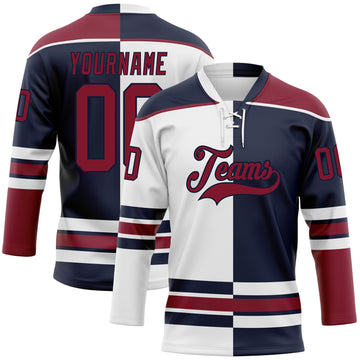 Custom Navy Crimson-White Split Fashion Hockey Lace Neck Jersey