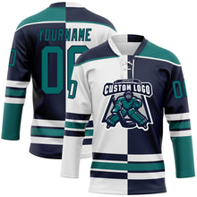 Load image into Gallery viewer, Custom Navy Teal-White Split Fashion Hockey Lace Neck Jersey
