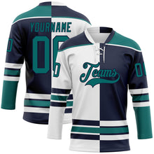 Load image into Gallery viewer, Custom Navy Teal-White Split Fashion Hockey Lace Neck Jersey
