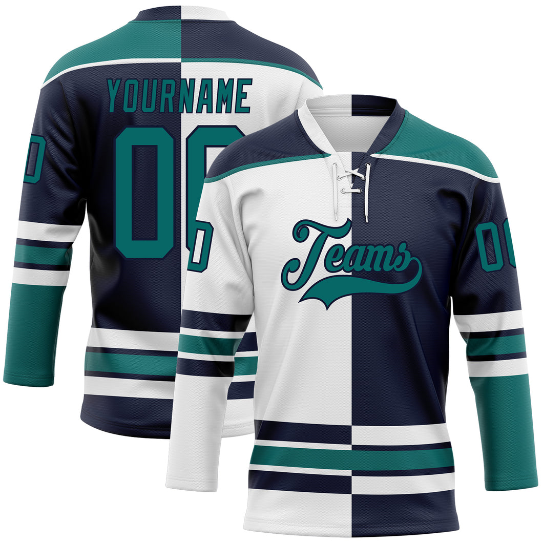 Custom Navy Teal-White Split Fashion Hockey Lace Neck Jersey