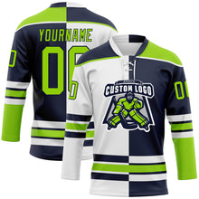 Load image into Gallery viewer, Custom Navy Neon Green-White Split Fashion Hockey Lace Neck Jersey
