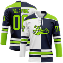Load image into Gallery viewer, Custom Navy Neon Green-White Split Fashion Hockey Lace Neck Jersey
